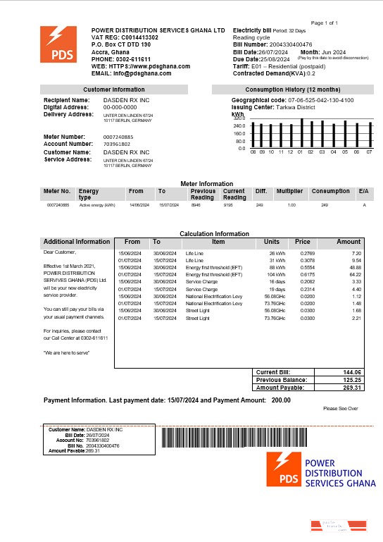 Ghana PDS electricity business utility bill template in Word and PDF formats